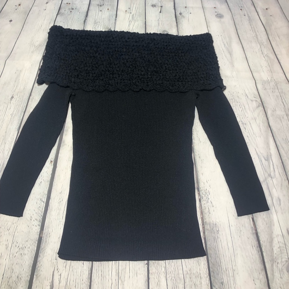 White House Black Market Black Off Shoulder Ribbed Stretch Sweater Size XL - Picture 3 of 10